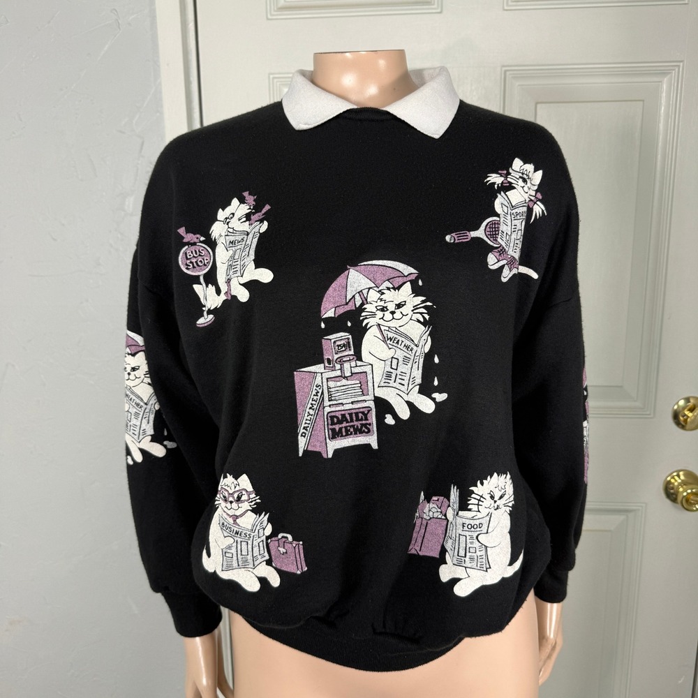 Vintage 80s 90s Spumoni Sweatshirt Medium Cat Daily News Collar Shirt Novelty V7